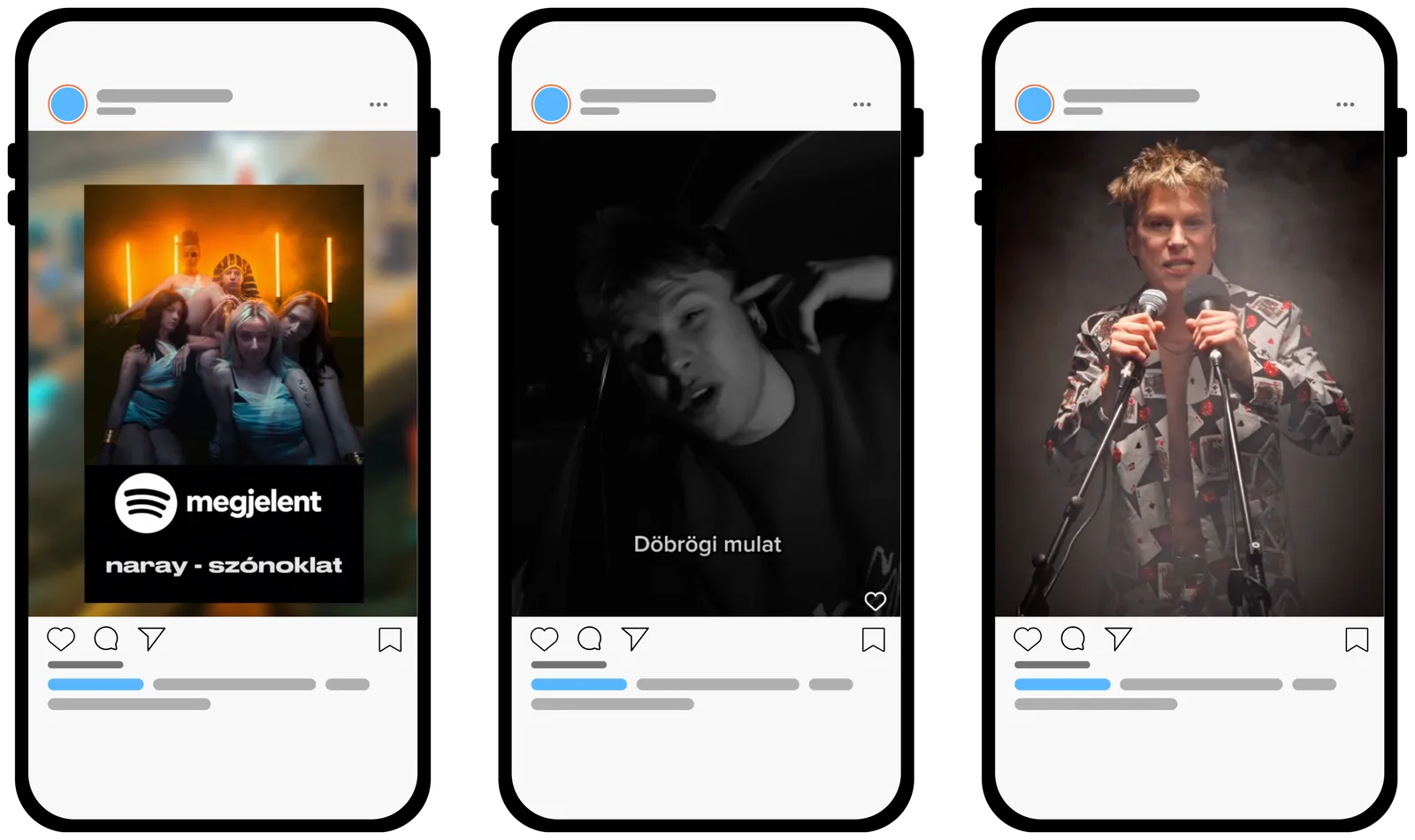 Három Instagram-hirdetés kreatív telefonos nézetben: a szónoklat megjelenését hirdető videó „megjelent – naray - szónoklat” felirattal, egy short-form videórészlet „Döbrögi mulat” felirattal, valamint az előadó mikrofonok előtt, mintás zakóban